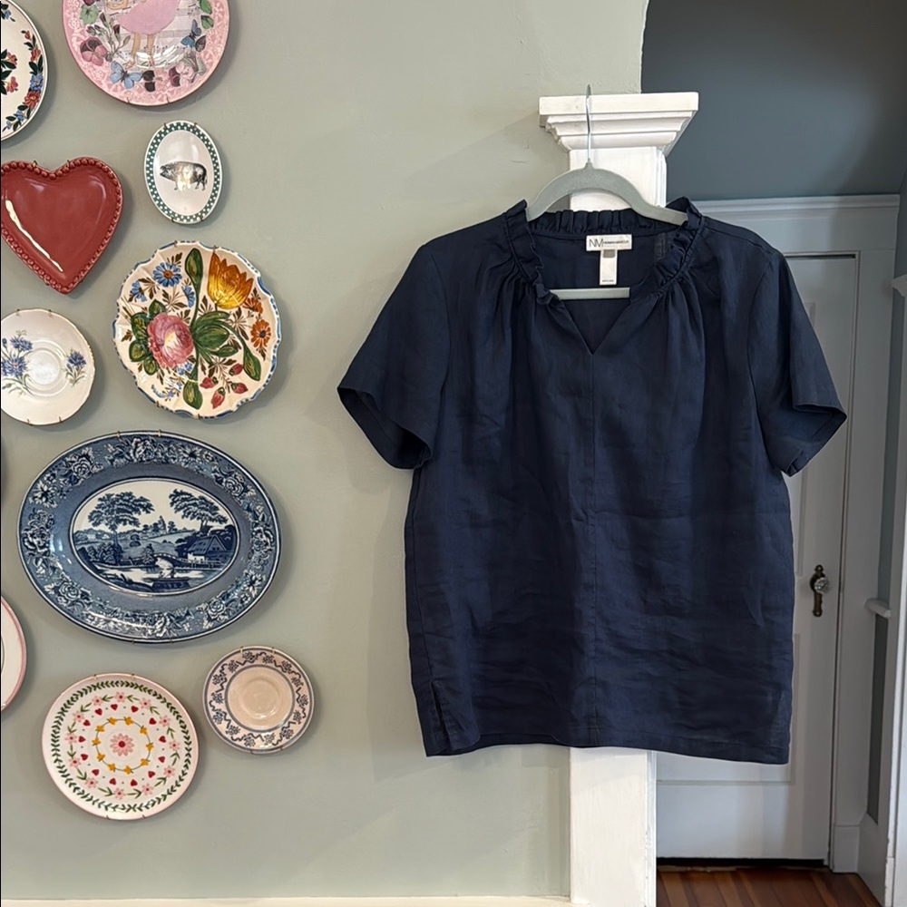 Navy Blue Short Sleeve 100% linen blouse